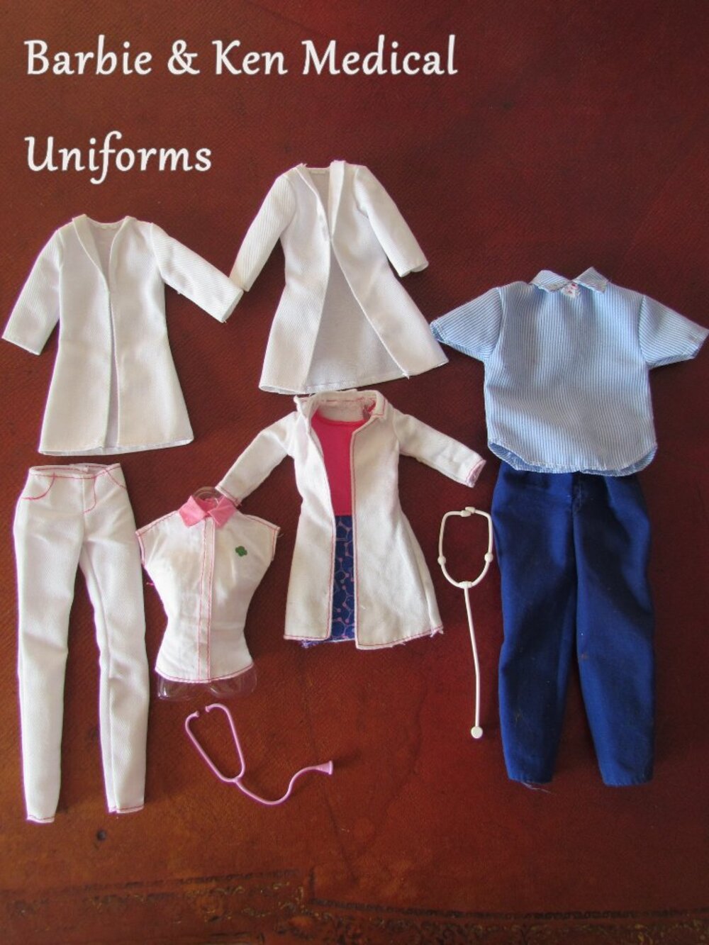 BARBIE KEN MEDICAL UNIFORM LOT, STETHOSCOPES, WHITE JACKETS, PANTS, SCRUBS